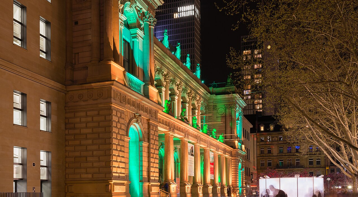 The Franfurt stock exchange lit up at night